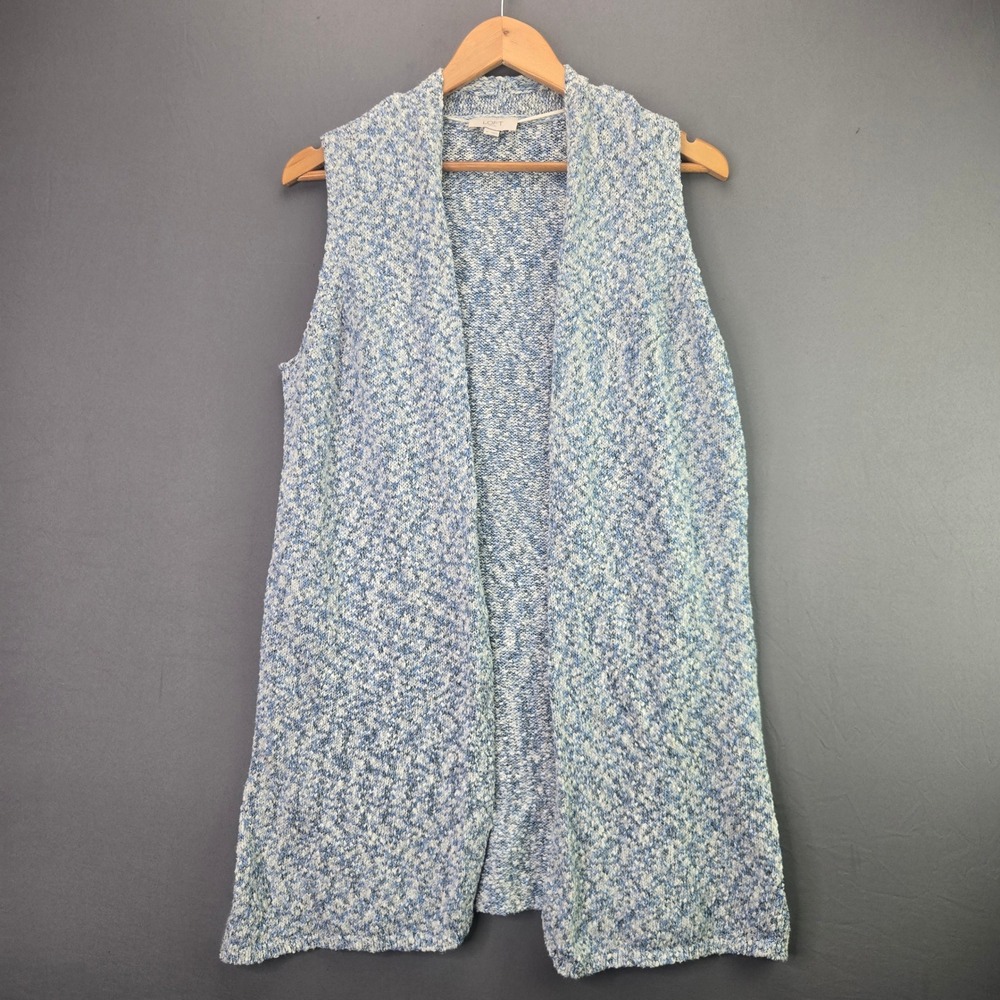 Loft Outlet Sweater Vest M Blue White Marled Knit Open Front Longline Sleeveless